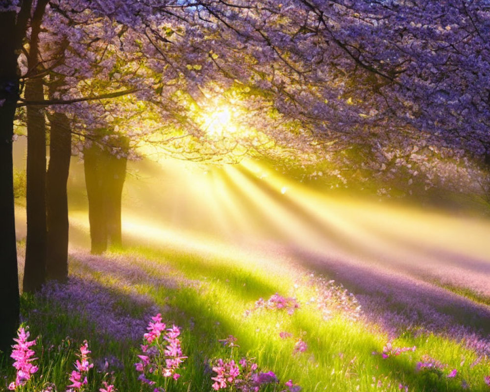 Sunlight through cherry blossoms on a misty meadow with pink flowers.