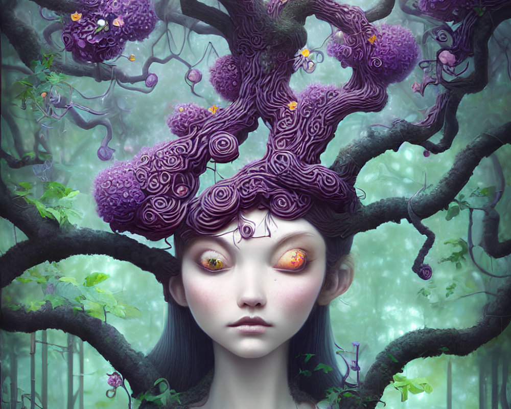 Fantastical female figure with purple tree-like hair in mystical forest