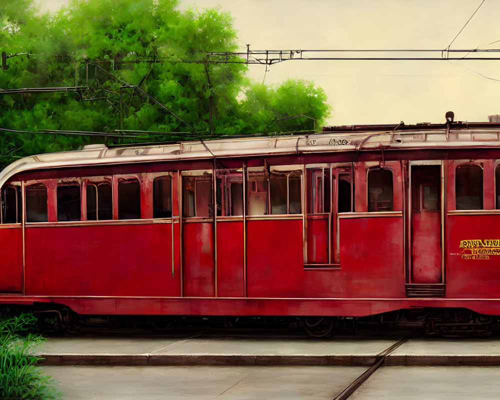 Vintage Red Tram in Greenery with Overhead Cables