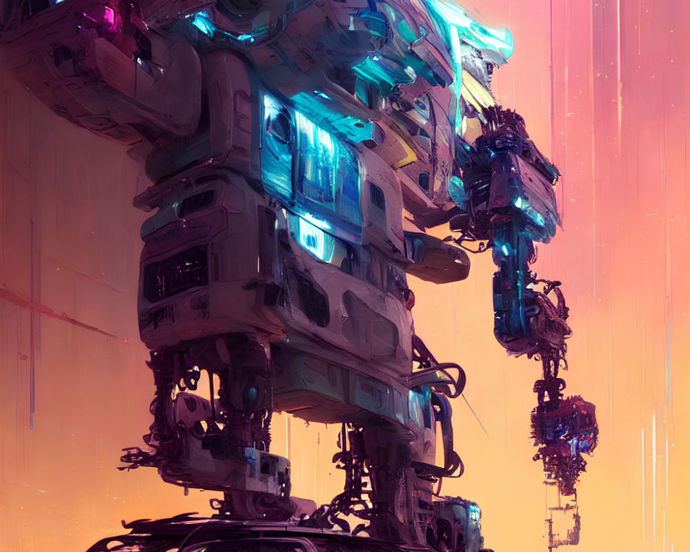 Intricate illuminated robotic structure in hazy pink ambiance