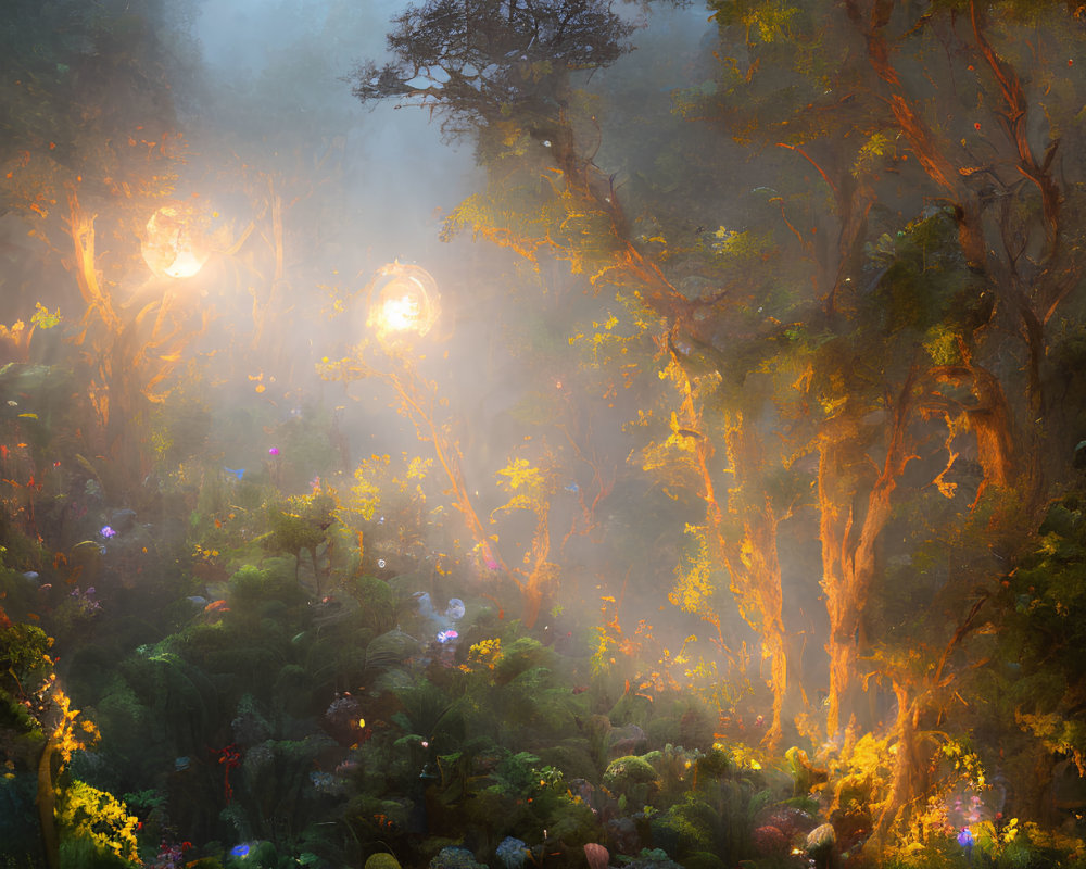 Mystical forest scene with sunlight piercing through fog