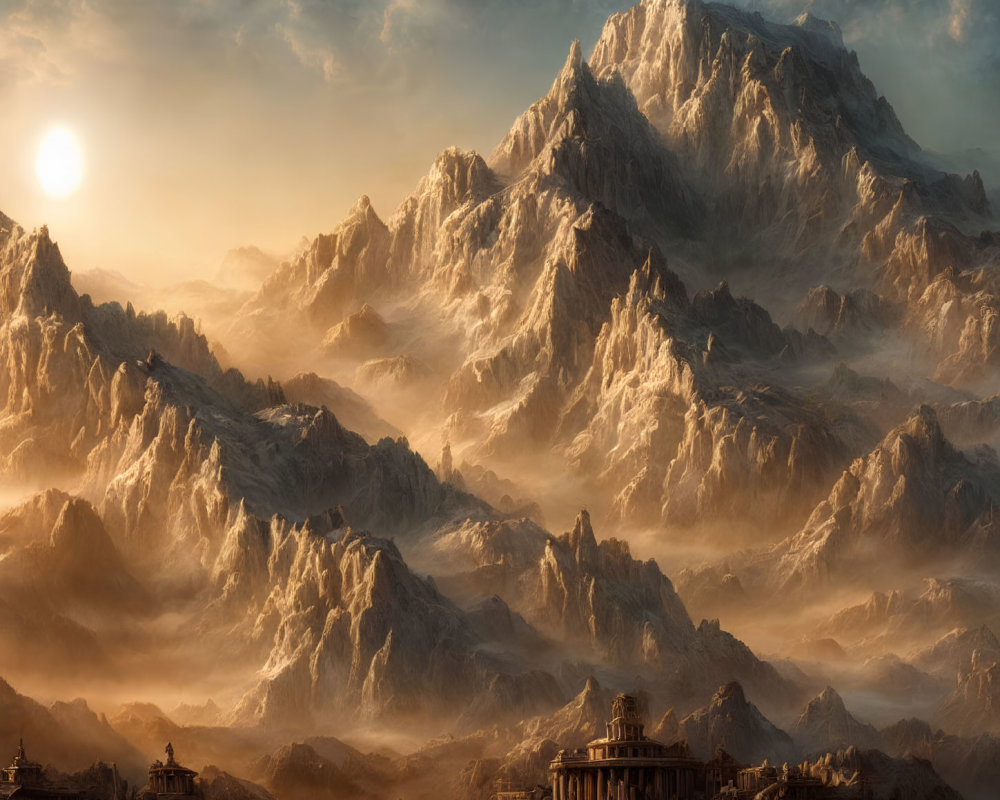 Scenic sunset over rugged mountain range with ancient temples and dramatic sky