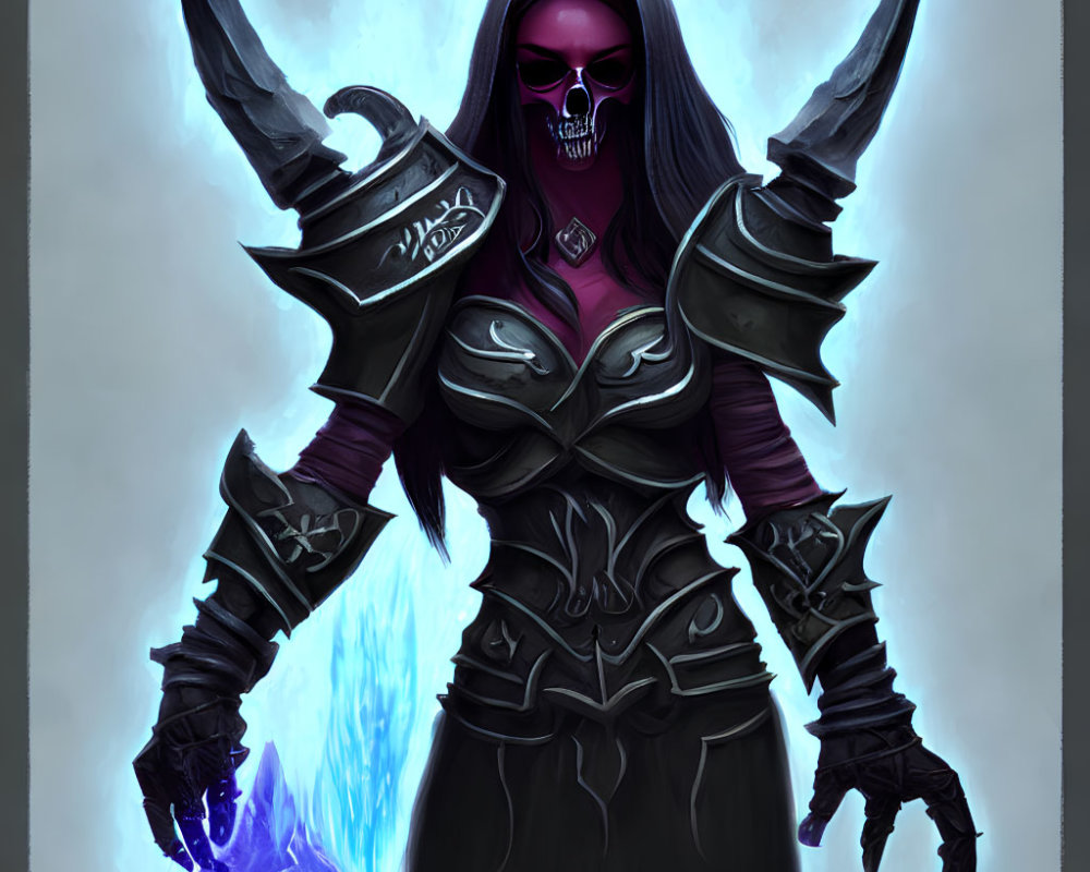 Dark-armored character with glowing purple accents and icy blue emanations