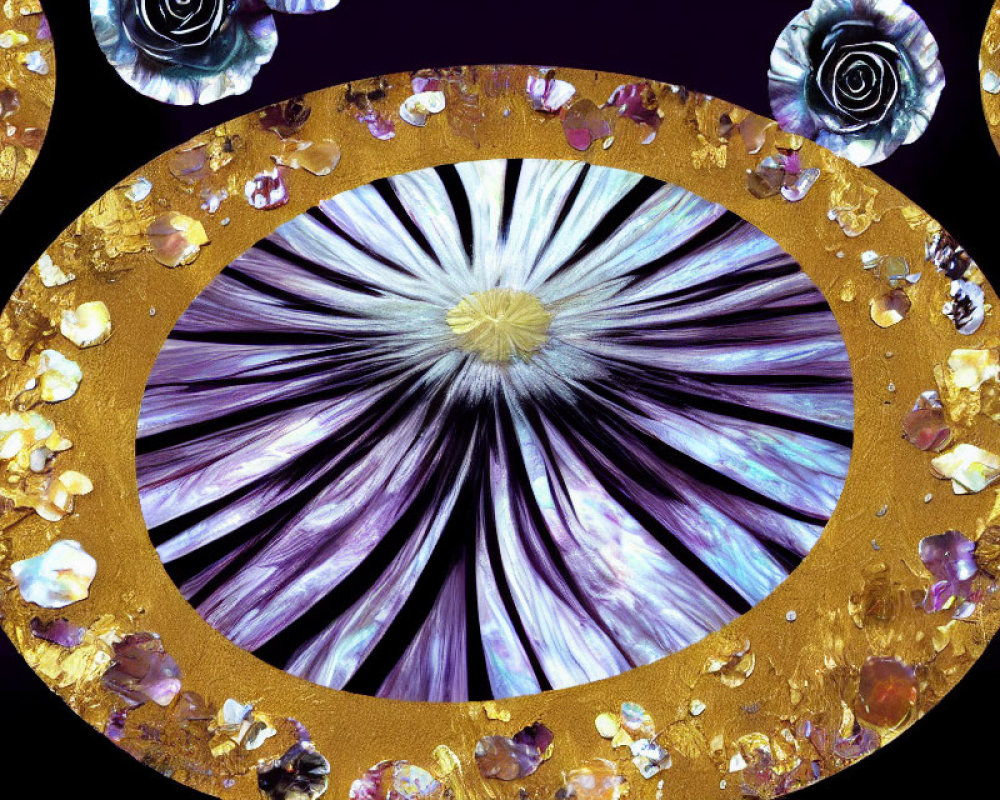 Colorful digital artwork: Purple and white starburst with gold ring and floral details