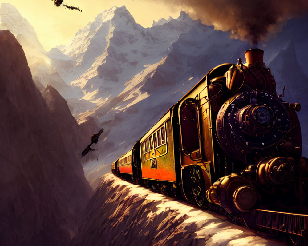 Steam train in mountainous landscape with witch, dragon at sunset