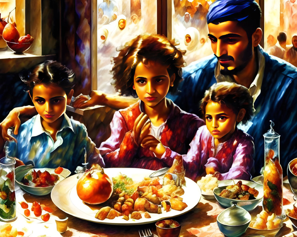 Colorful Family Dining Table Scene with Man and Three Girls