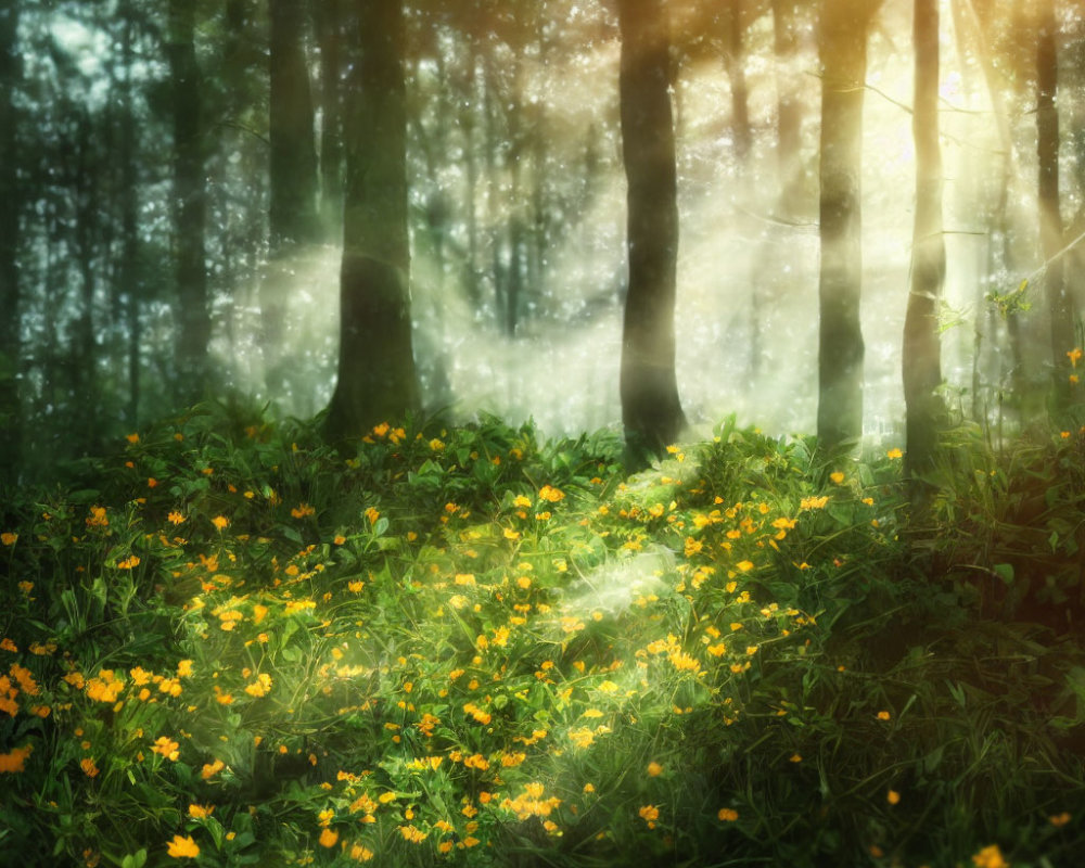 Sunlit enchanted forest glade with mist and wildflowers.