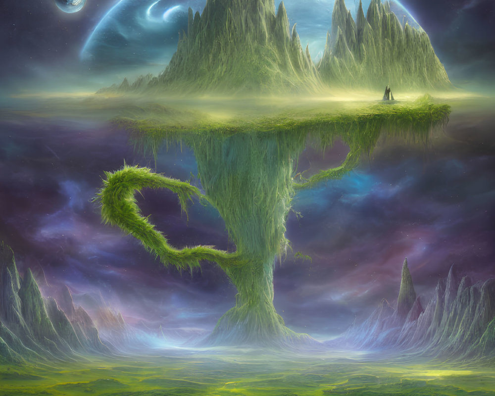 Colossal tree in fantastical landscape with floating island and towering spires