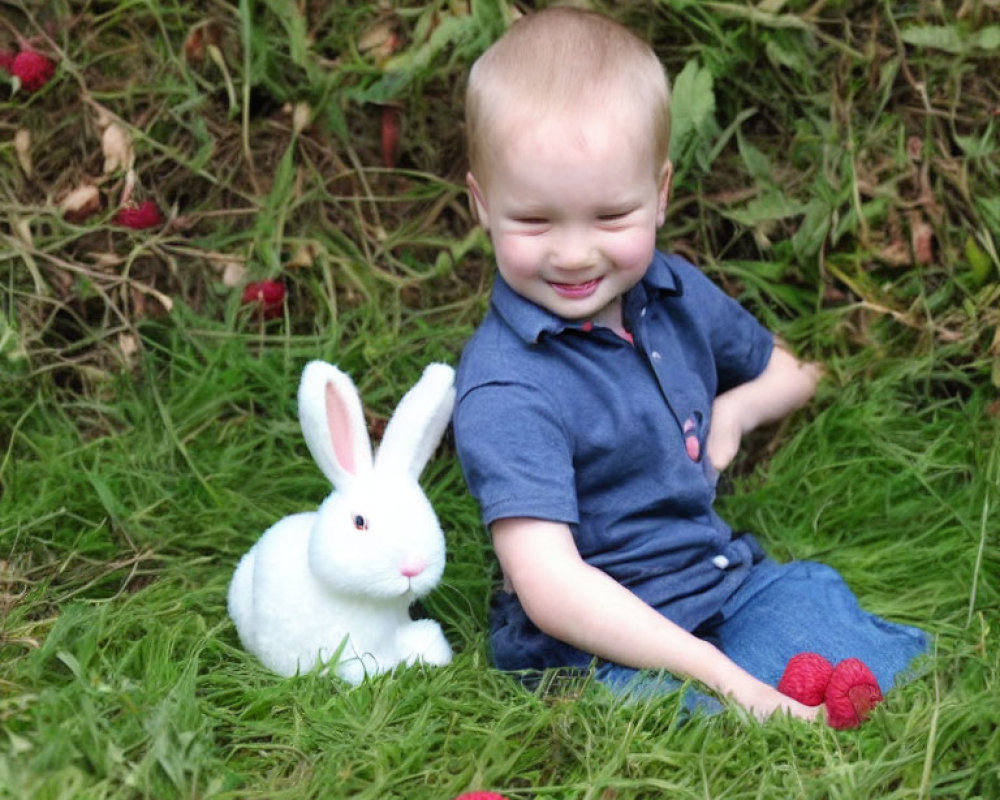 Smiling toddler with white plush rabbit on grassy field full of red raspberries