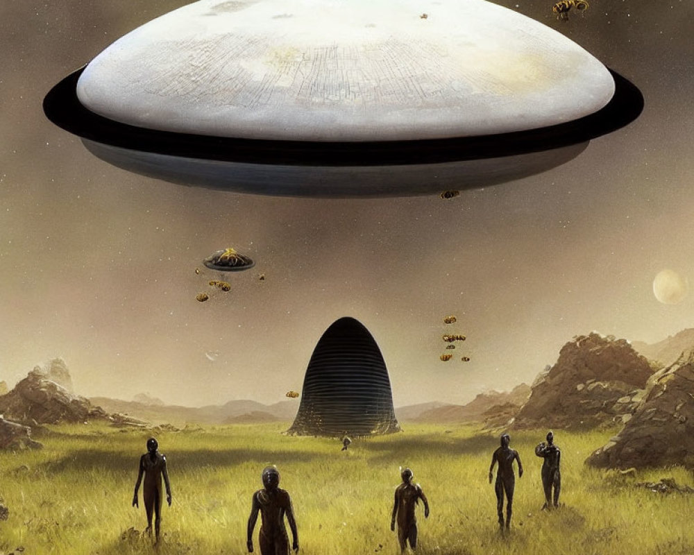 Unidentified Flying Object above desert with alien figures and monolithic structure