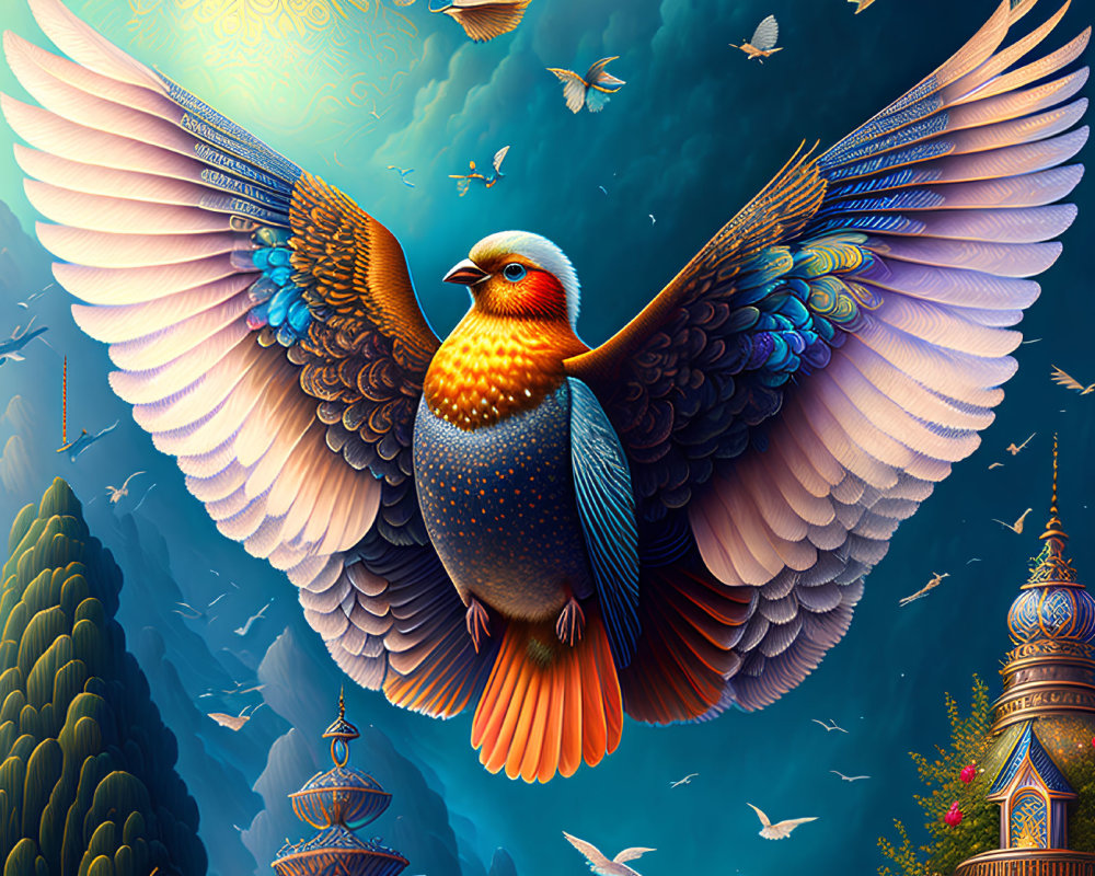 Colorful bird illustration in fantasy landscape with intricate patterns