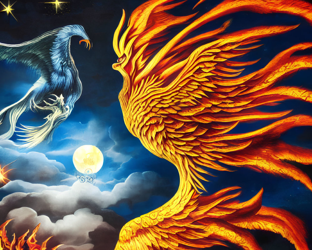 Colorful Phoenix and Raven Artwork in Night Sky