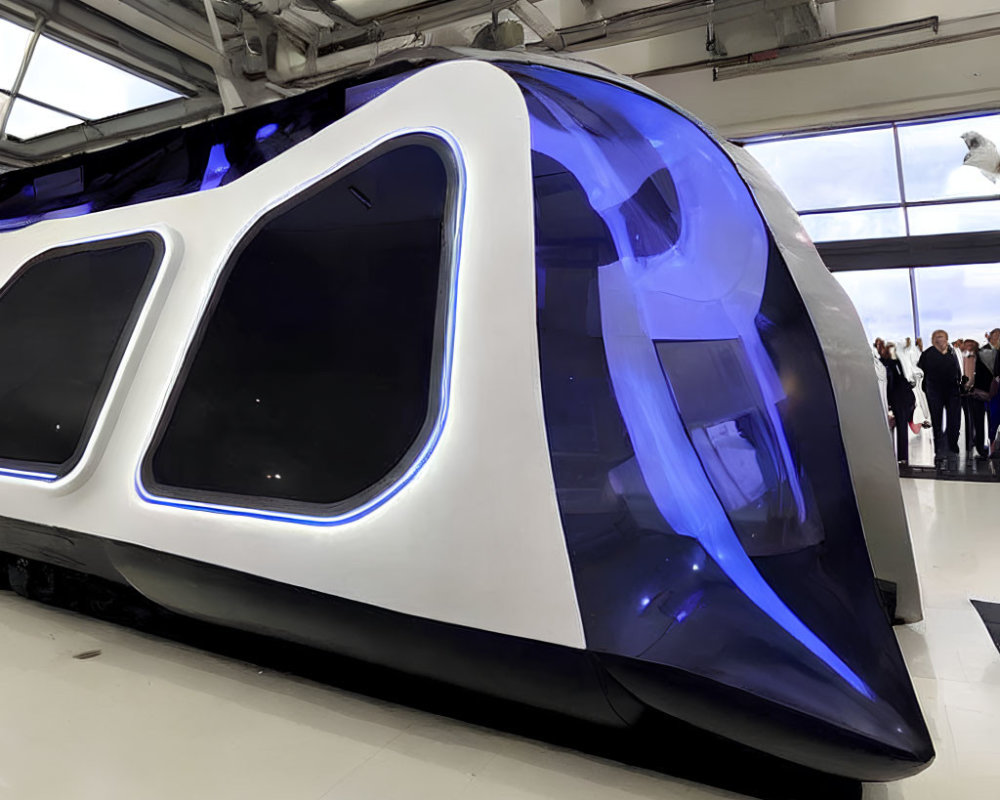 Futuristic blue and white train on display with onlookers