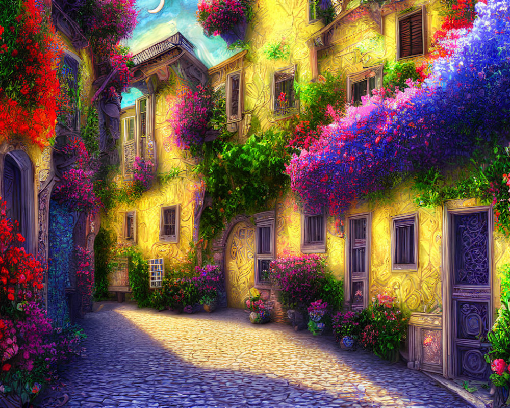 Colorful flowers and cobblestoned alley with lush greenery and old-fashioned buildings