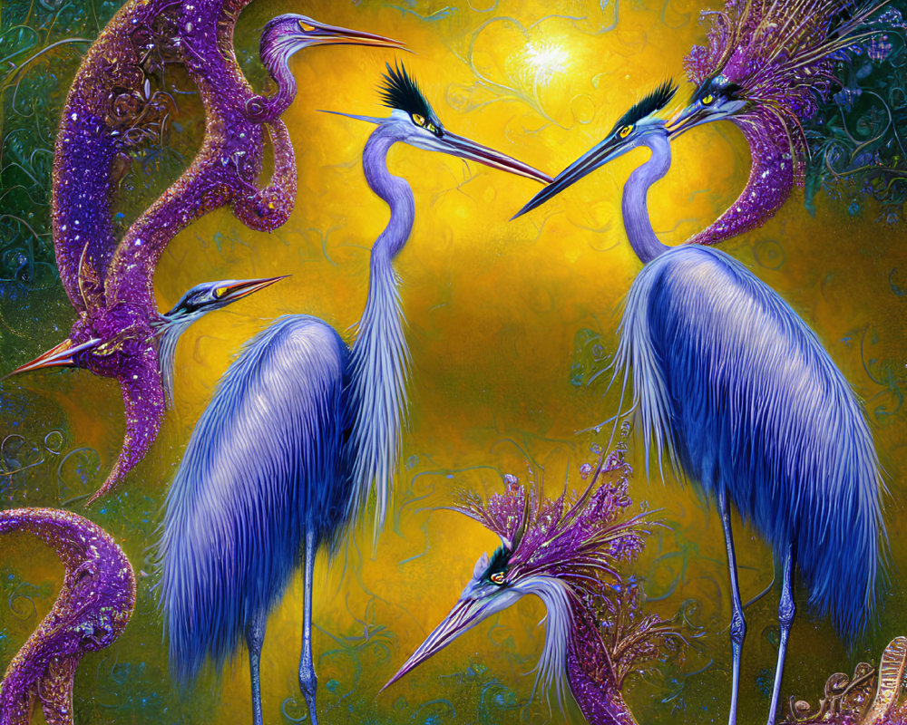 Colorful Artwork: Four Stylized Herons in Purple and Gold Patterns