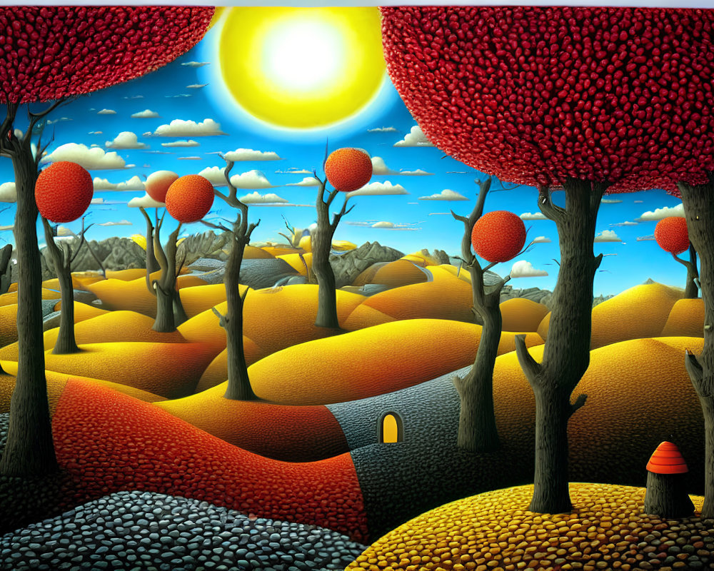 Vibrant sun and red-canopied trees in whimsical landscape