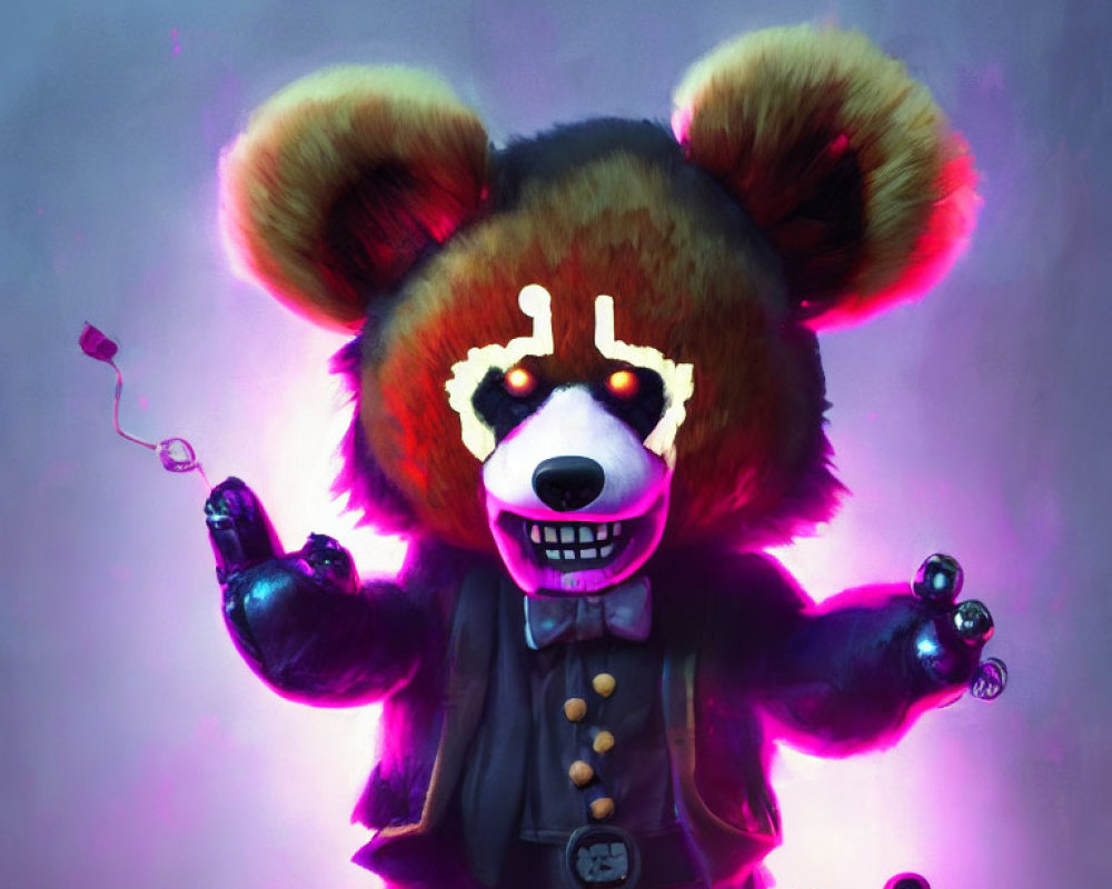 Menacing robotic bear in suit with glowing eyes and microphone, purple haze background