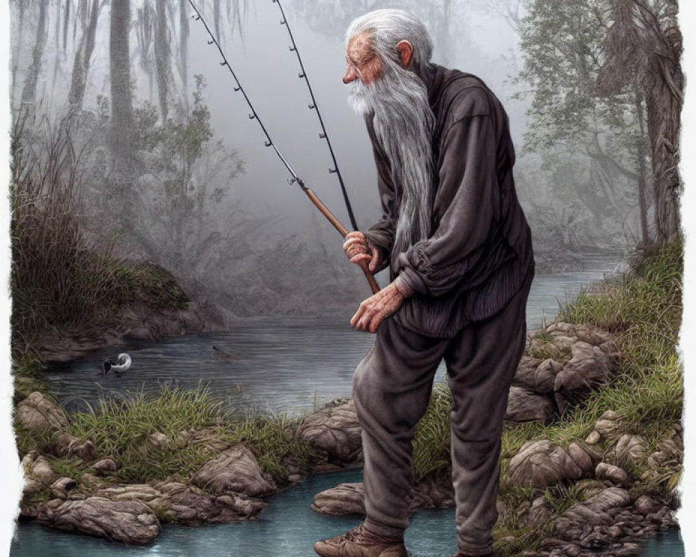 Elderly man with white beard fishing by misty river