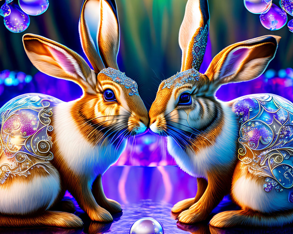 Ornate jeweled rabbits in magical iridescent landscape