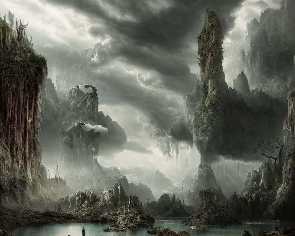 Mystical landscape with towering rock pillars and shadowy figures near tranquil water