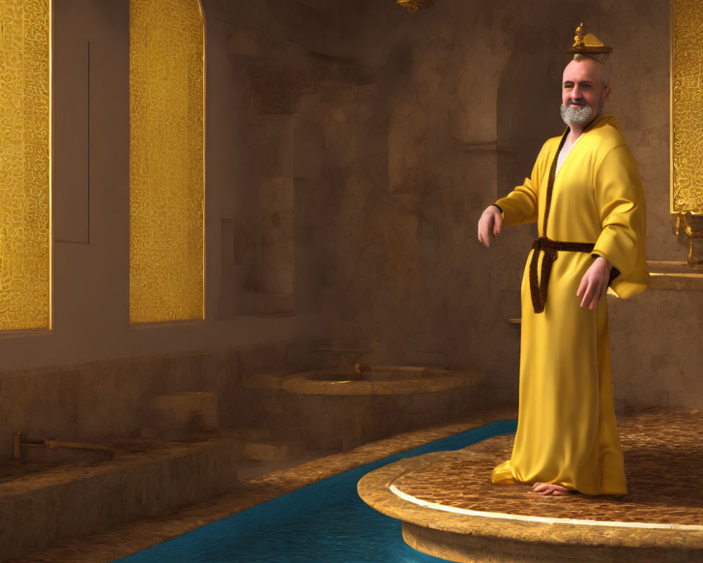 Smiling man in yellow robe by ornate indoor pool