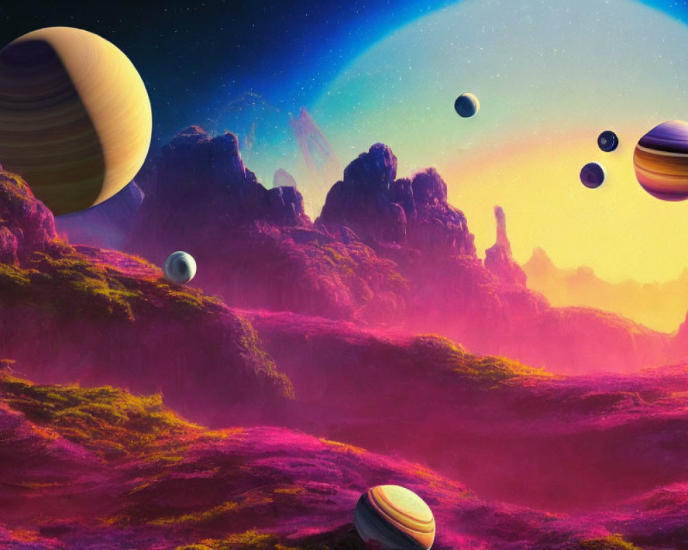 Colorful Sci-Fi Landscape with Planets and Moons Under Starry Sky