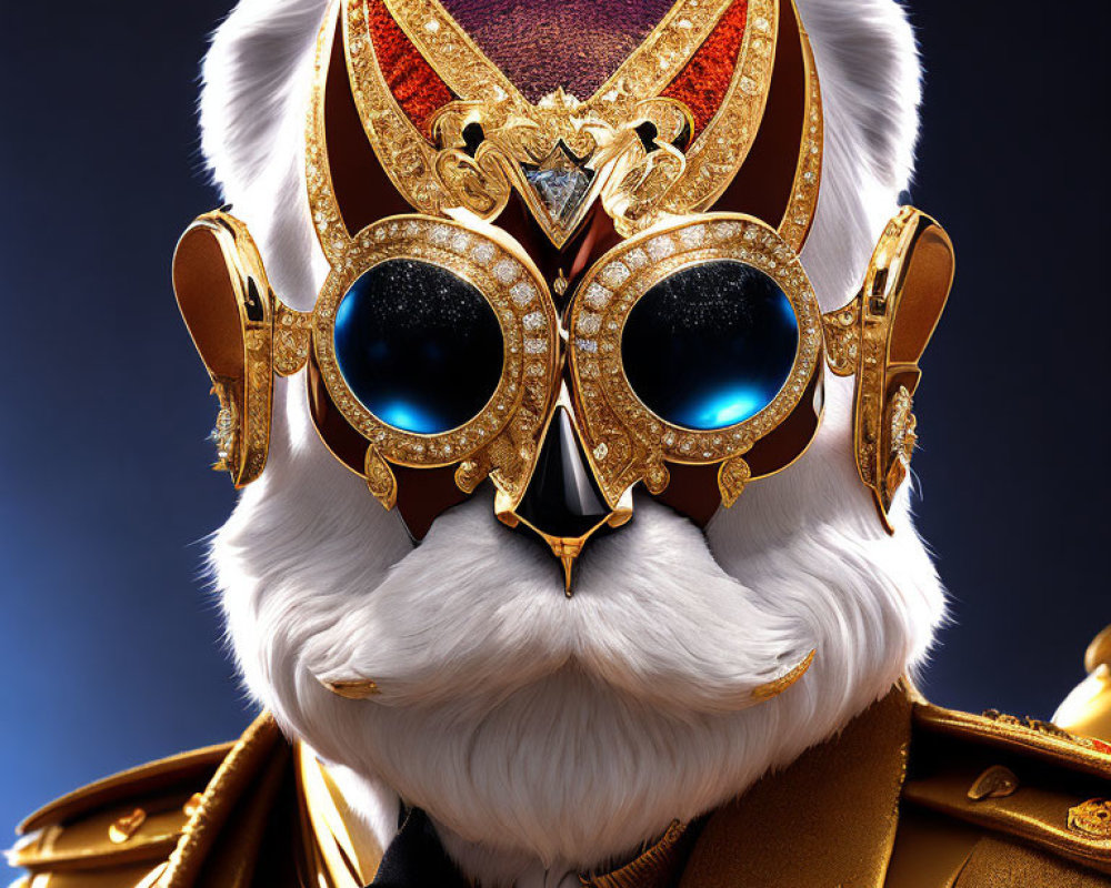 Regal figure with golden mask against blue backdrop