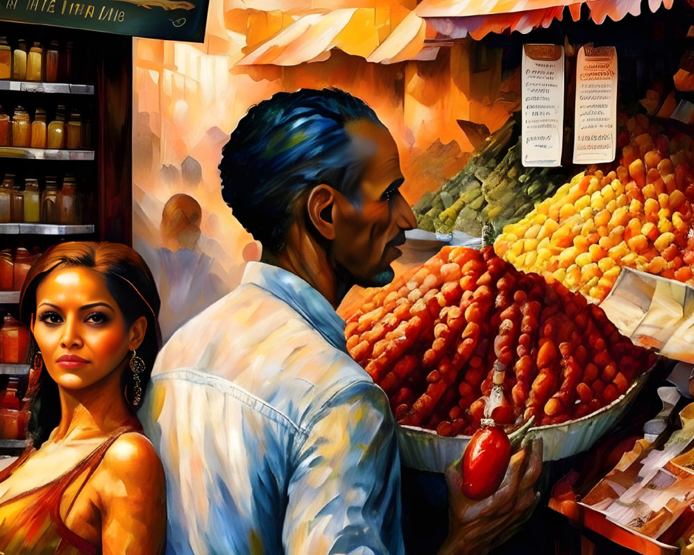 Vibrant digital artwork: man in blue shirt with post-impressionistic features and woman by fruit