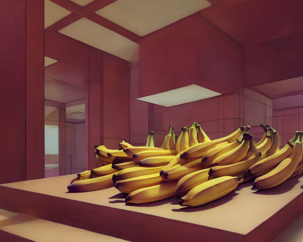 Stylized image: Large bunch of yellow bananas on beige countertop