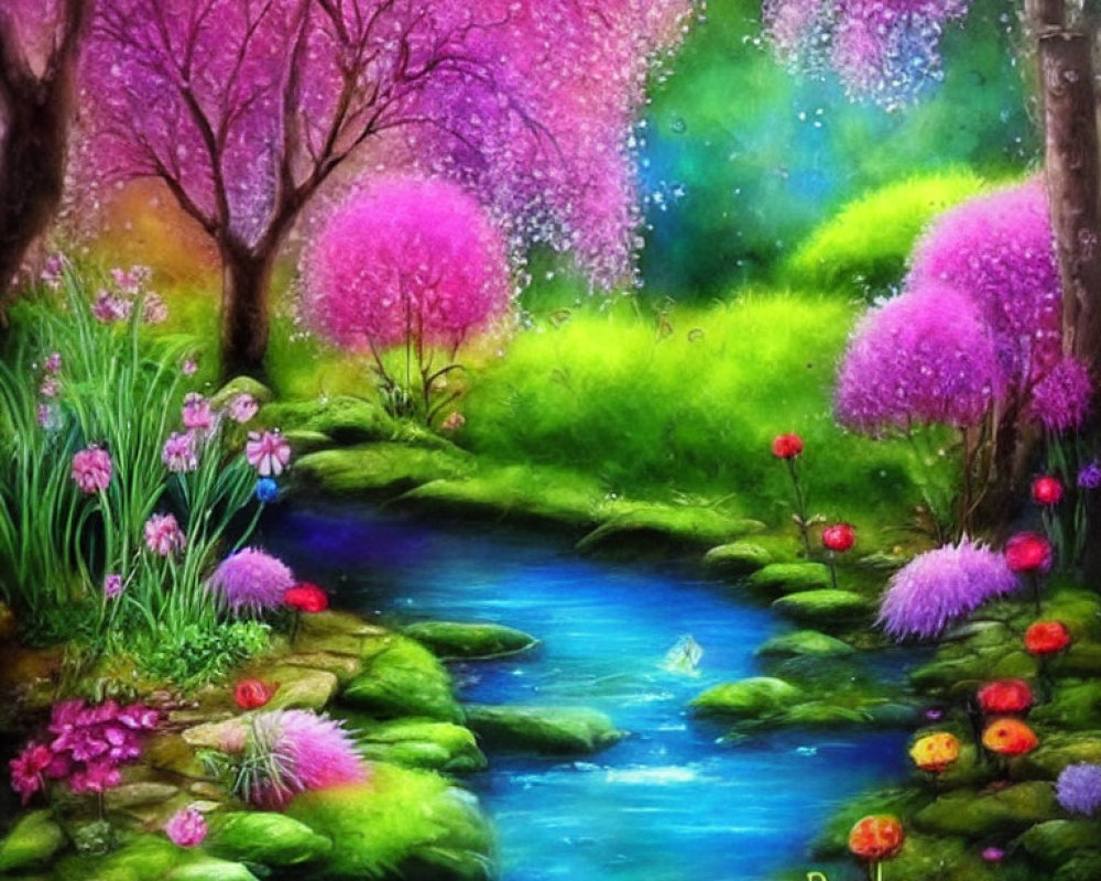 Colorful Painting of Stream in Lush Landscape