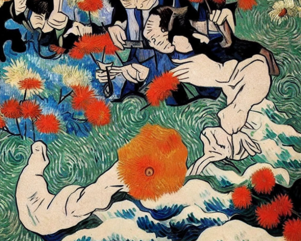 Abstract painting of figures with dark hair among red flowers and blue swirls