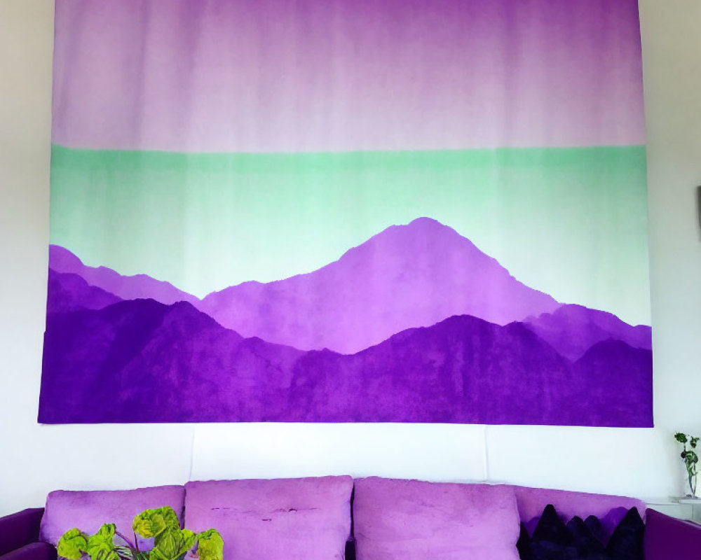 Colorful Gradient Wall Tapestry Depicting Mountain Landscape Above Purple Couch