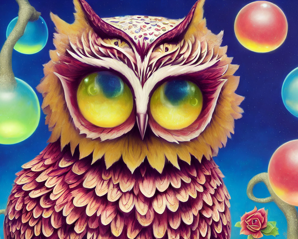 Colorful stylized owl illustration with yellow eyes, ornate feathers, roses, orbs on blue.