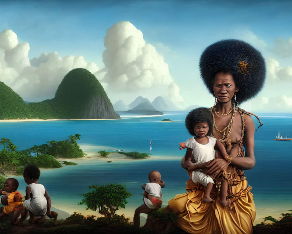 Traditional Attire Woman and Child by Serene Coastal Landscape