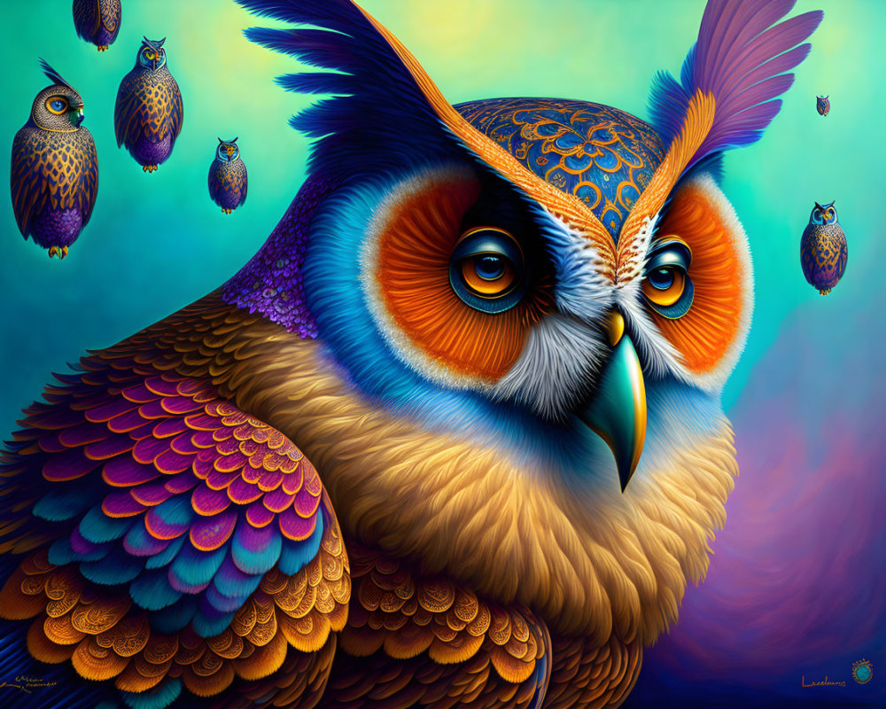 Colorful digital artwork: Ornate owl with intricate patterns, surrounded by smaller owls on blue gradient