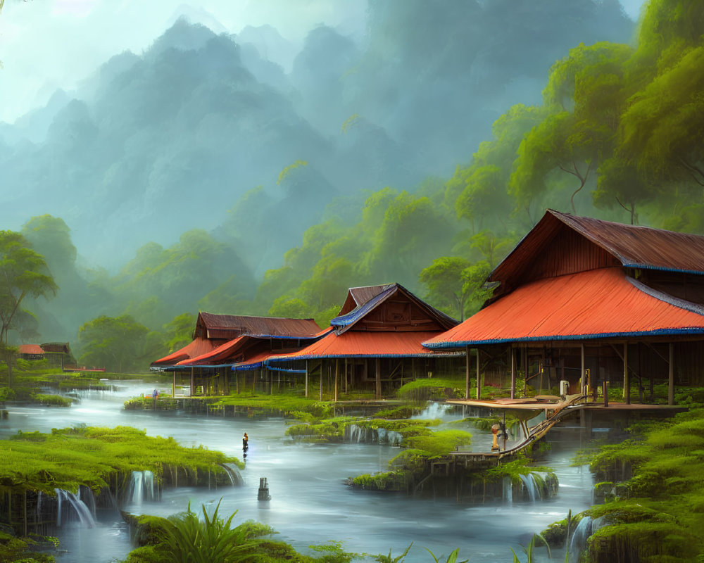 Scenic wooden houses near river with waterfalls