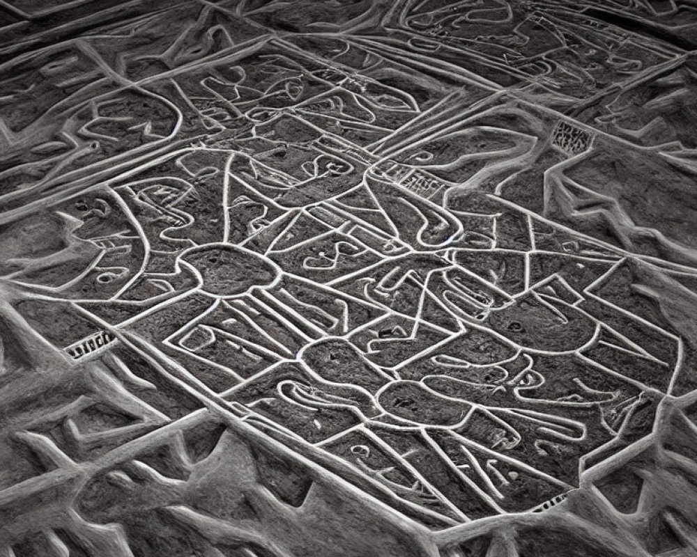 Grayscale aerial view of intricate Nazca Lines in Peruvian desert