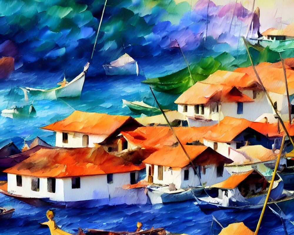 Scenic coastal village watercolor painting with colorful houses and boats