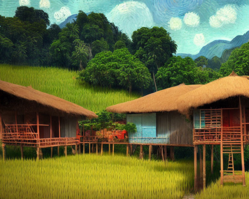 Thatched houses on stilts in lush green rice fields with rolling hills and stylized sky