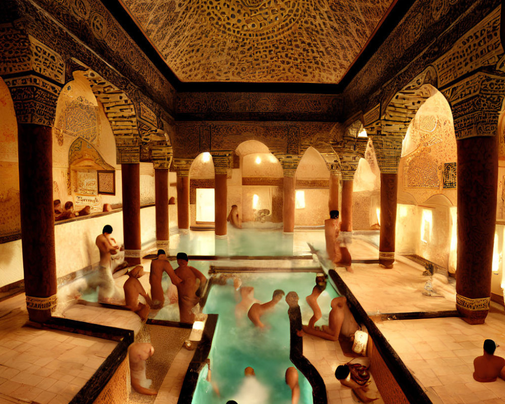 Traditional Hammam Interior with Ornate Walls, Ceiling, and Central Pool