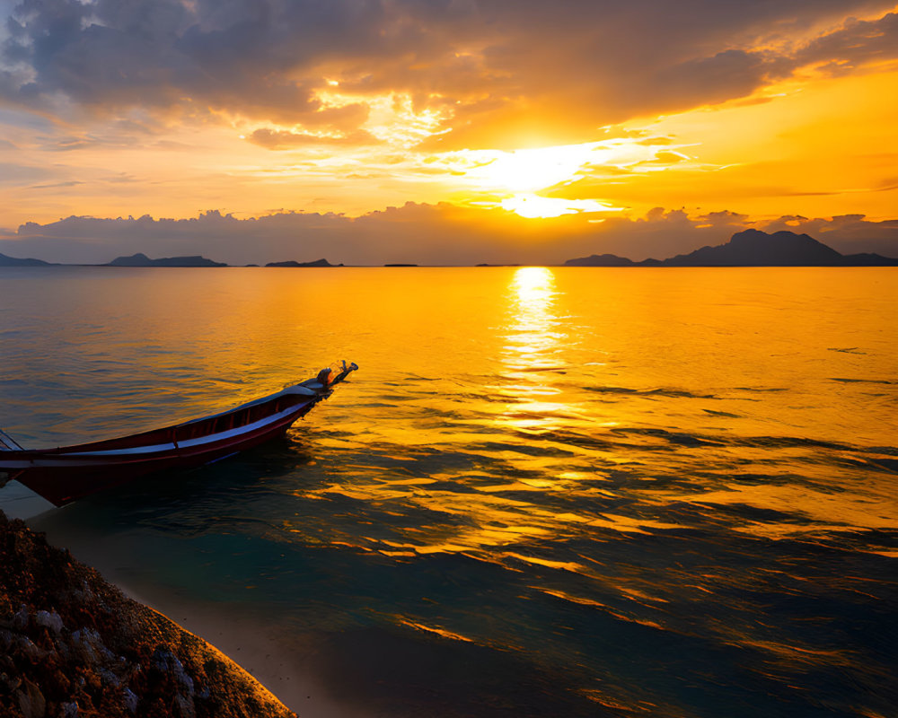 Boat floating on calm waters at sunset