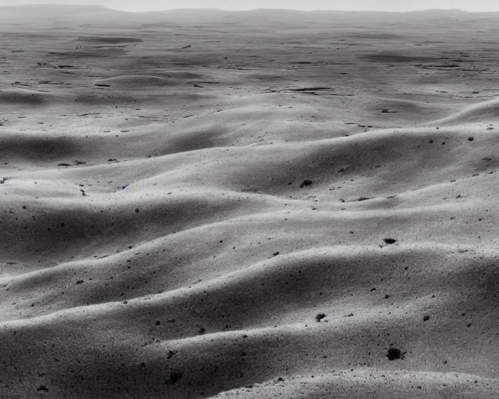 Monochrome image of barren desert landscape with sand dunes