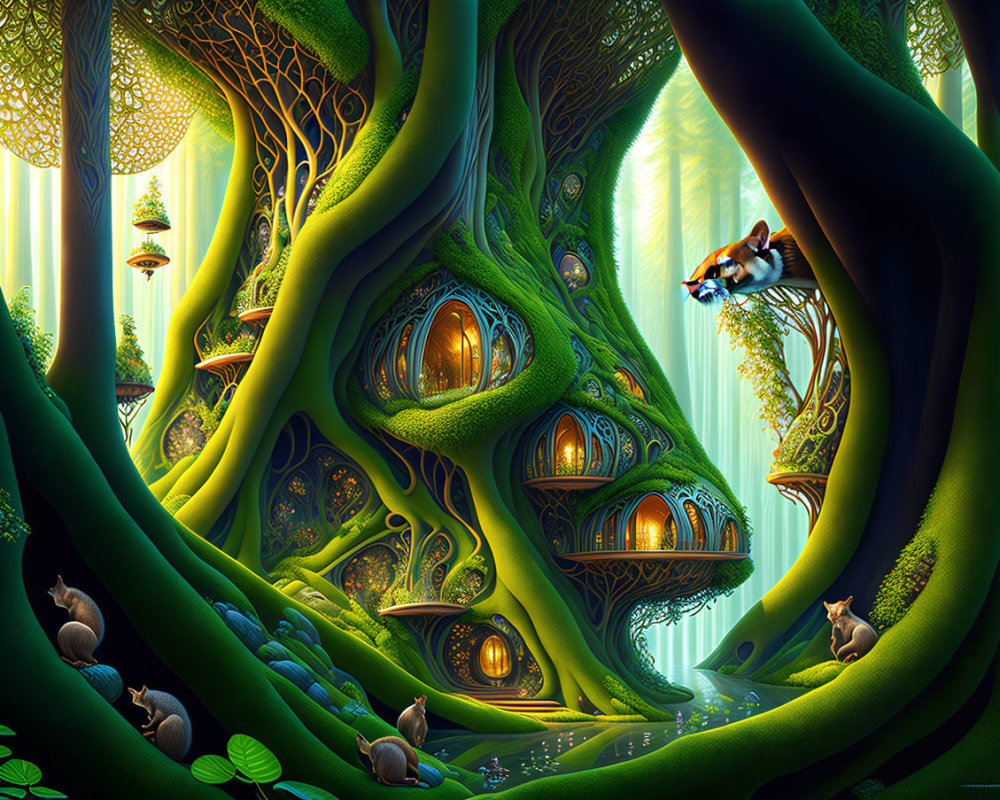 Intricate treehouses, lush greenery, animals, and a flying ship in a fantastical