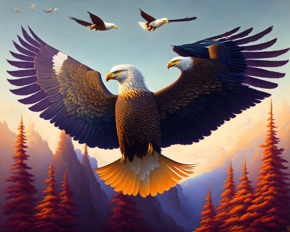 Majestic eagles flying over autumn forest and mountains