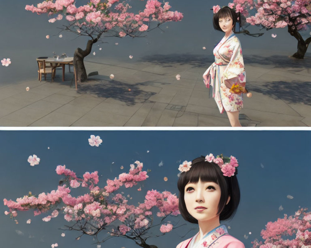 Woman in Kimono near Blooming Cherry Blossoms with Table and Close-Up Face