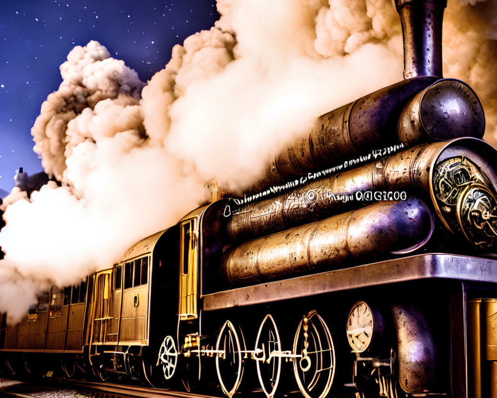 Vintage steam locomotive emitting steam at night with illuminated wheels under starry sky