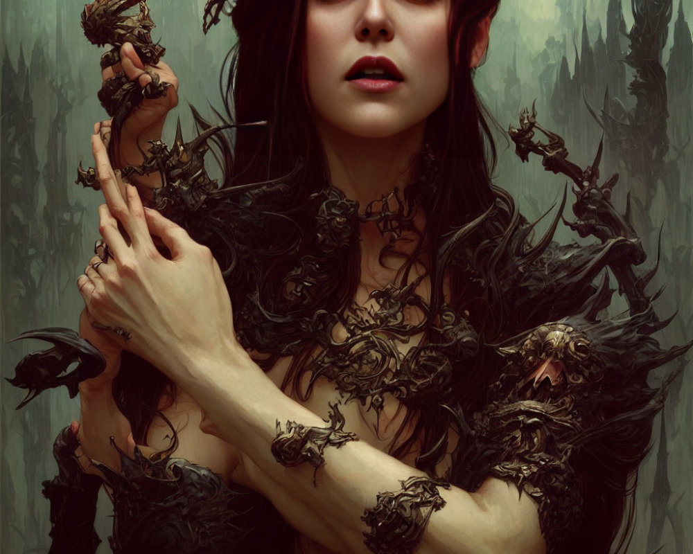 Dark-haired woman with pale skin in eerie setting with thorn-like vines and creatures