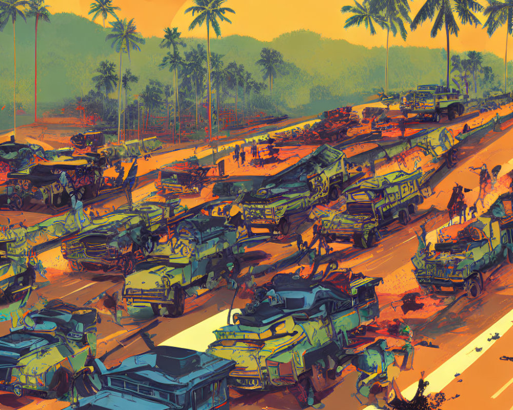 Colorful illustration: Chaotic traffic jam with various vehicles and palm trees under orange sky