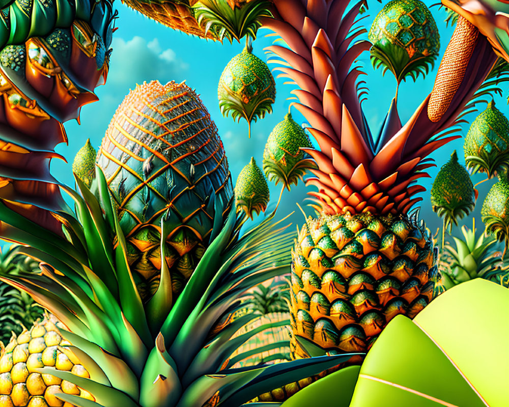 Vibrant surreal landscape with stylized pineapples and palms in geometric patterns