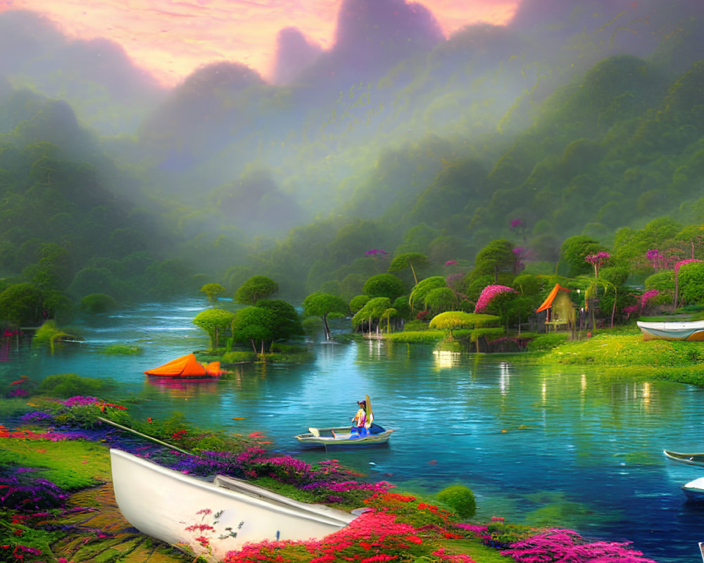 Scenic landscape with person rowing boat in serene river surrounded by lush greenery, blooming flowers